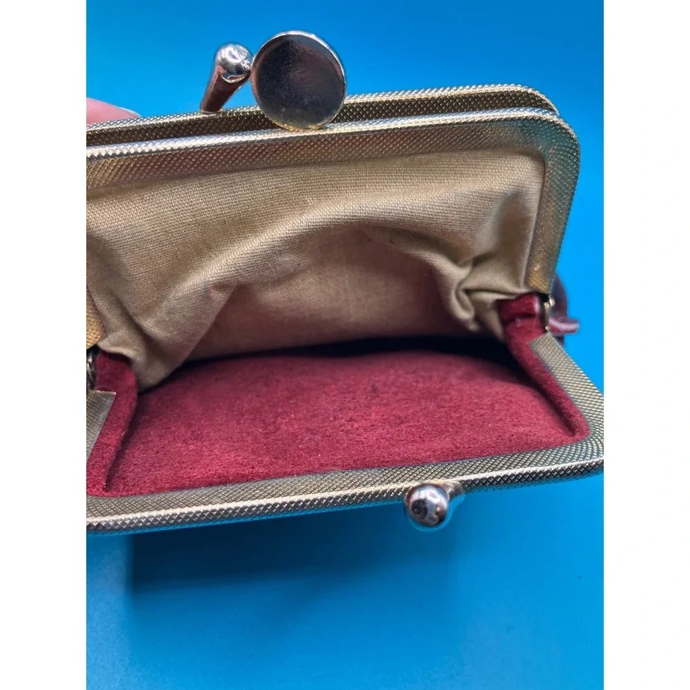 Coin Purse Women Small Brown Genuine Leather Double Kiss Lock Clasp
